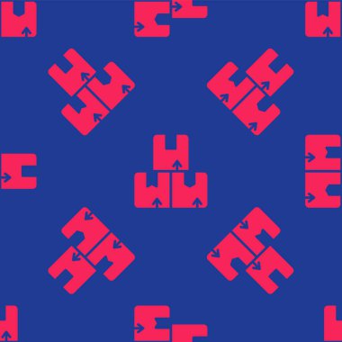 Kırmızı karton kutu simgesi mavi arkaplanda izole edilmiş kusursuz desen. Kutu, paket, paket işareti. Teslimat ve ambalaj. Vektör