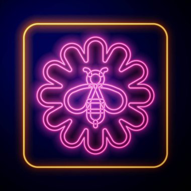 Çiçek ikonunda parlayan neon arı siyah arka planda izole edilmiş. Tatlı doğal yemek. Bal arısı ya da kanat sembollü apis. Uçan böcek. Vektör