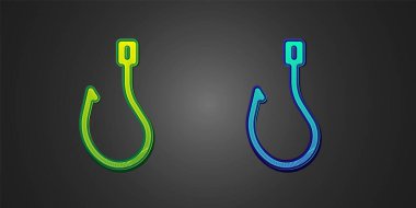 Yeşil ve mavi olta kancası siyah arkaplanda izole edilmiş. Balık oltası. Vektör