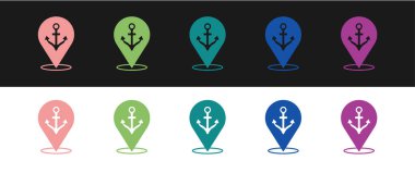 Harita işaretçisini siyah ve beyaz arkaplanda izole edilmiş çapa simgesi ile ayarla. Vektör