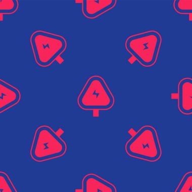 Kırmızı Yüksek voltaj işareti simgesi mavi arkaplanda izole edilmiş. Tehlike sembolü. Üçgendeki ok. Uyarı simgesi. Vektör