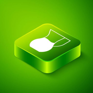 Yeşil zemin üzerinde su ikonu olan Isometric Jug bardağı. Su için çaydanlık. İçme suyu dolu cam sürahi. Yeşil kare düğmesi. Vektör