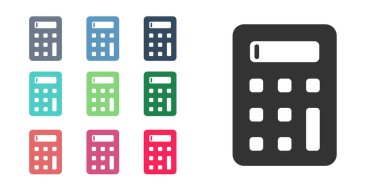 Siyah Hesap Makinesi simgesi beyaz arkaplanda izole edildi. Muhasebe sembolü. İş hesaplamaları matematik eğitimi ve finans. Simgeleri renklendirin. Vektör