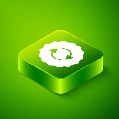 Yeşil arkaplanda izole edilmiş Isometric Geri Dönüşüm sembolü simgesi. Dairesel ok simgesi. Çevre geri dönüşümü yeşile döner. Yeşil kare düğmesi. Vektör