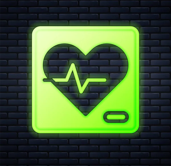 Icona luminosa al neon Battito cardiaco isolato su sfondo muro di mattoni. Segno di battito cardiaco. Icona del polso cardiaco. Icona del cardiogramma. Vettore — Vettoriale Stock