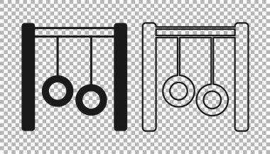 Siyah jimnastik halkaları simgesi şeffaf arkaplanda izole edildi. Yüzüklü ip asılı oyun alanı ekipmanları. Vektör