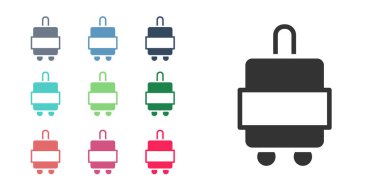 Seyahat simgesi için siyah bavul beyaz arkaplanda izole edildi. Seyahat bagaj tabelası. Seyahat bagaj ikonu. Simgeleri renklendirin. Vektör