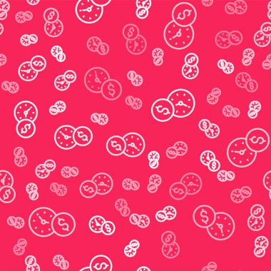 Beyaz çizgi Zaman para simgesi kırmızı arkaplanda izole edilmiş kusursuz desen. Para zamandır. Etkili zaman yönetimi. Zamanı paraya çevir. Vektör