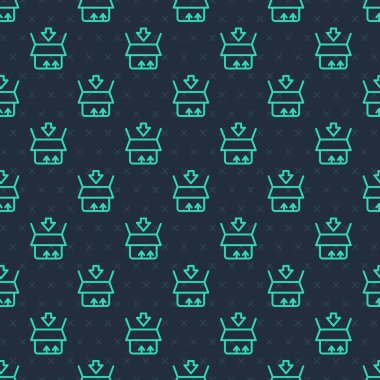 Yeşil çizgi karton kutu simgesi mavi arkaplanda izole edilmiş pürüzsüz desen. Kutu, paket, paket işareti. Teslimat ve ambalaj. Vektör