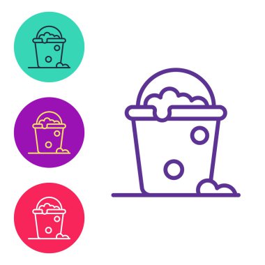 Beyaz arkaplanda köpük ve baloncuk simgesi olan çizgi Kovası 'nı ayır. Temizlik hizmeti konsepti. Simgeleri renklendirin. Vektör