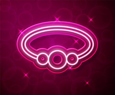 Parlayan neon çizgisi bilezik mücevher ikonu kırmızı arkaplanda izole edildi. Bilezik işareti. Vektör