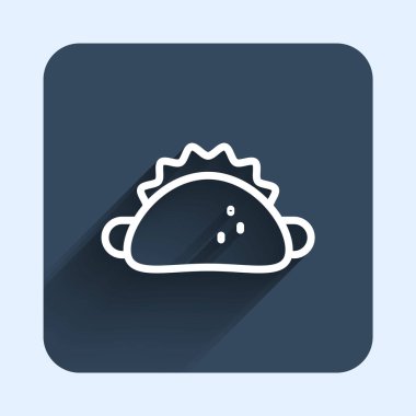 Tortilla ikonlu beyaz çizgi Taco uzun gölge arkaplan izole. Geleneksel Meksika fast food menüsü. Mavi kare düğme. Vektör