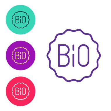 Banner, etiket, etiket, biyoyeşil sağlıklı yiyecek simgesi için logo beyaz arkaplanda izole edilmiş. Organik ürün. Sağlıklı yemek etiketi. Simgeleri renklendirin. Vektör