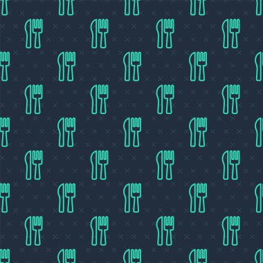 Yeşil çizgi, çatal ve bıçak ikonu mavi arka planda izole edilmiş. Çatal bıçak sembolü. Vektör