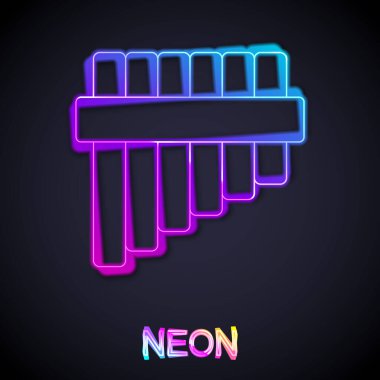 Parlayan neon hattı Pan flüt simgesi siyah arkaplanda izole edildi. Geleneksel Peru müzik aleti. Peru, Bolivya ve Meksika 'dan halk enstrümanı. Vektör