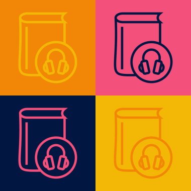 Pop Art Line Audio kitap simgesi renk arkaplanında izole edildi. Kulaklıklı kitap. Ses rehberi işareti. Çevrimiçi öğrenme kavramı. Vektör