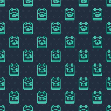 Green Line Online eğitim ve mezuniyet ikonu mavi arka planda izole edilmiş kusursuz desen. İnternetteki öğretmen monitörde. Giyinme ve video semineri öğrenme. Vektör