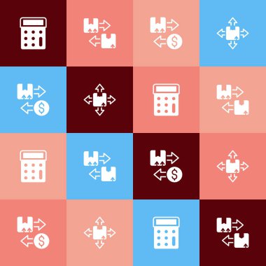 Pop sanat hesap makinesini, trafik sembollü karton kutuyu, vergi mukavvasını ve karton simgesini ayarla. Vektör