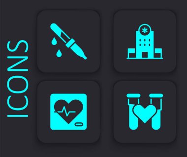 Test tüpünü kan, Pipette, hastane binası ve kalp atış hızı ikonu ile ayarla. Siyah kare düğme. Vektör