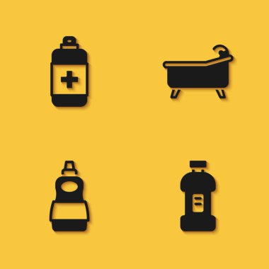 Antibakteriyel sabun, deterjan şişesi, bulaşık deterjanı ve uzun gölgeli küvet ikonu hazırla. Vektör