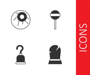 Tombstone 'u RIP yazısıyla ayarla, Eye, Pirate hook ve lolipop ikonu. Vektör