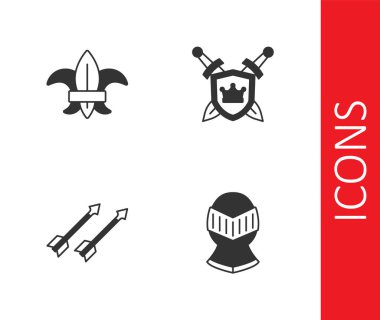 Ortaçağ kaskı, zambak çiçeği, ok ve kılıç ikonlu Kalkan. Vektör