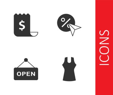 Kadın elbisesi, kağıt çeki ve mali kontrol, açık ve indirimli yüzde etiket simgesi ile asılma tabelası. Vektör