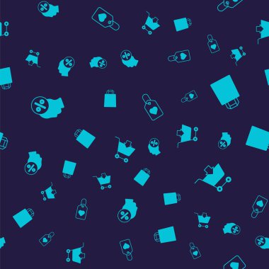 İndirimli yüzde etiketi, kağıt alışveriş torbası, Kalp ve Alışveriş arabasına kusursuz desenli ekleme yap. Vektör