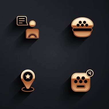 Taksi sürücüsünü, kaptanı, konumu yıldız ve mobil uygulama simgesini uzun gölgeli ayarla. Vektör