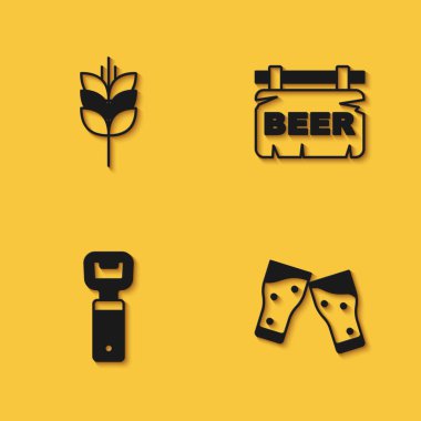 Buğday, bir bardak bira, şişe açacağı ve uzun gölgeli bira ikonlu sokak tabelası. Vektör