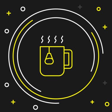 Çay poşeti ikonlu çay fincanı siyah arka planda izole edilmiş. Renkli taslak konsepti. Vektör