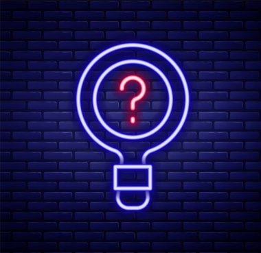 Parlayan neon hattı. Tuğla duvar arka planında bilinmeyen arama simgesi izole edildi. Büyüteç ve soru işareti. Renkli taslak konsepti. Vektör