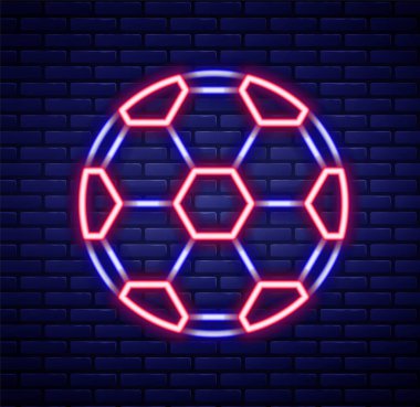 Parlayan neon hattı futbol topu ikonu tuğla duvar arkasında izole edildi. Spor malzemeleri. Renkli taslak konsepti. Vektör