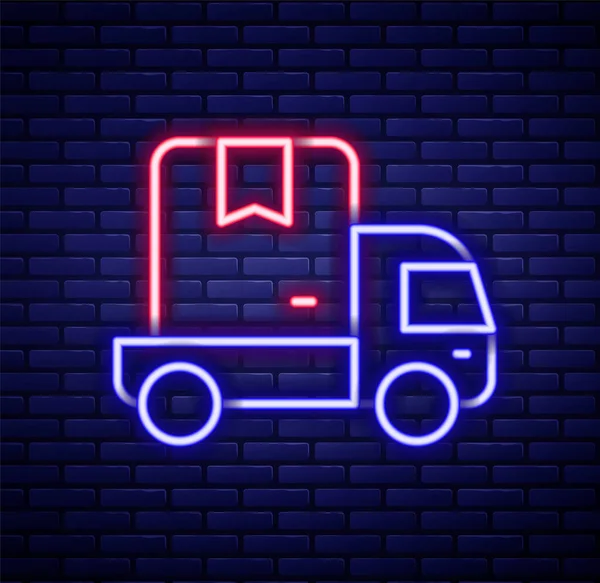 Glowing neon line Delivery cargo truck vehicle icon isolated on brick wall background. Colorful outline concept. Vector — Stock Vector