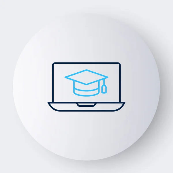 Ligne Cap de graduation sur l'icône de l'ordinateur portable de l'écran isolé sur fond blanc. Concept d'apprentissage en ligne ou d'apprentissage en ligne. Concept de contour coloré. Vecteur — Image vectorielle