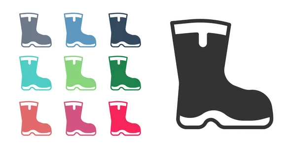 Black Fishing boots icon isolated on white background. Waterproof rubber boot. Gumboots for rainy weather, fishing, hunter, gardening. Set icons colorful. Vector — Stock Vector