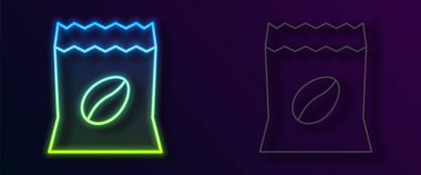 Parlayan neon hattı kahve çekirdeği torbası simgesi siyah arka planda izole. Vektör