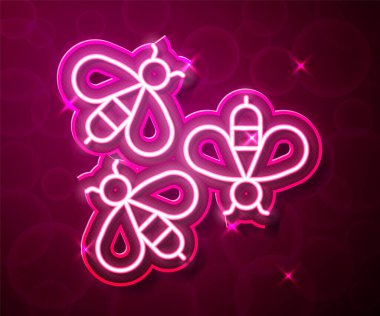 Parlayan neon çizgi simgesi kırmızı arkaplanda izole edildi. Tatlı doğal yemek. Bal arısı ya da kanat sembollü apis. Uçan böcek. Vektör