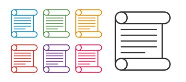 Beyaz arkaplanda izole edilmiş KHK, kağıt, parşömen, kaydırma simgesi simgesi ayarlayın. Simgeleri renklendirin. Vektör