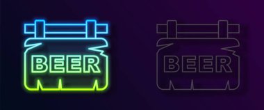 Siyah arkaplanda izole bira ikonu bulunan parlak neon çizgi sokak tabelası. Reklamlar için uygun bar, kafe, bar, restoran. Vektör