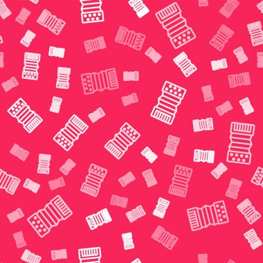 Beyaz çizgi müzik enstrümanı akordeon simgesi kırmızı arkaplanda kusursuz desen izole etti. Klasik bayan, harmonik. Vektör