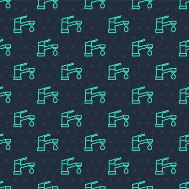 Yeşil çizgi su musluğu ikonu mavi arkaplanda izole edilmiş kusursuz desen. Vektör