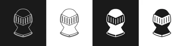 Set Medieval iron helmet for head protection icon isolated on black and white background. Knight helmet. Vector — Stock Vector