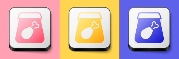 Isometric Online sipariş ve fast food siparişi. Pembe, sarı ve mavi arka planda izole edilmiş yemek ikonu. Kare düğmesi. Vektör — Stok Vektör