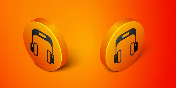 Isometric Headphones icon isolated on orange background. Earphones. Concept for listening to music, service, communication and operator. Orange circle button. Vector — Stock Vector