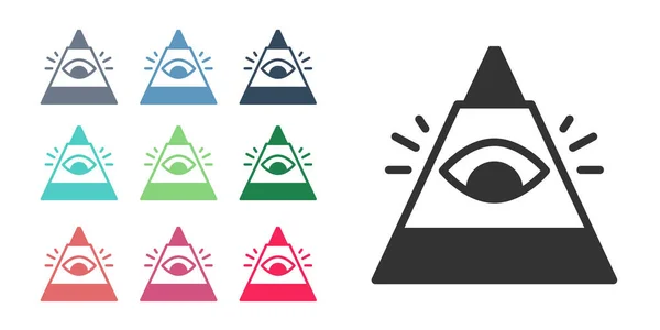 Black Masons symbol Vševidoucí oko Boha ikona izolované na bílém pozadí. Oko Prozřetelnosti v trojúhelníku. Nastavit barevné ikony. Vektor — Stockový vektor