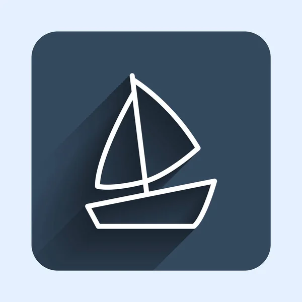 Vit linje Yacht segelbåt eller segelfartyg ikon isolerad med lång skugga bakgrund. Segelbåt marin kryssning resa. Blå fyrkantig knapp. Vektor — Stock vektor