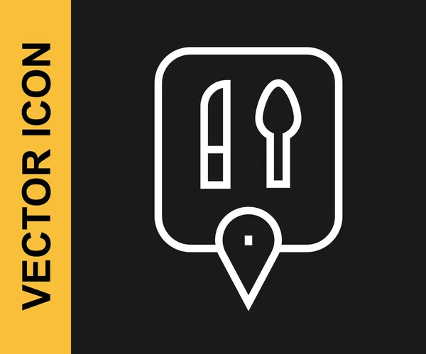Weiße Linie Cafe und Restaurant Standort Symbol isoliert auf schwarzem Hintergrund. Messer und Kochlöffel in der Hand. Vektor. — Stockvektor