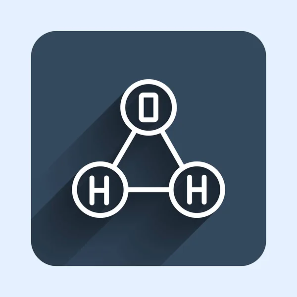 Vit linje Kemisk formel för vattendroppar H2O formad ikon isolerad med lång skugga bakgrund. Blå fyrkantig knapp. Vektor — Stock vektor