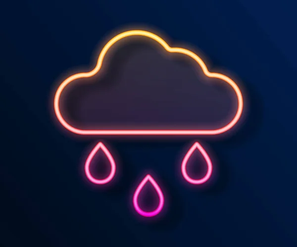 Glowing neon line Cloud with rain icon isolated on black background. Rain cloud precipitation with rain drops. Vector — Stock Vector